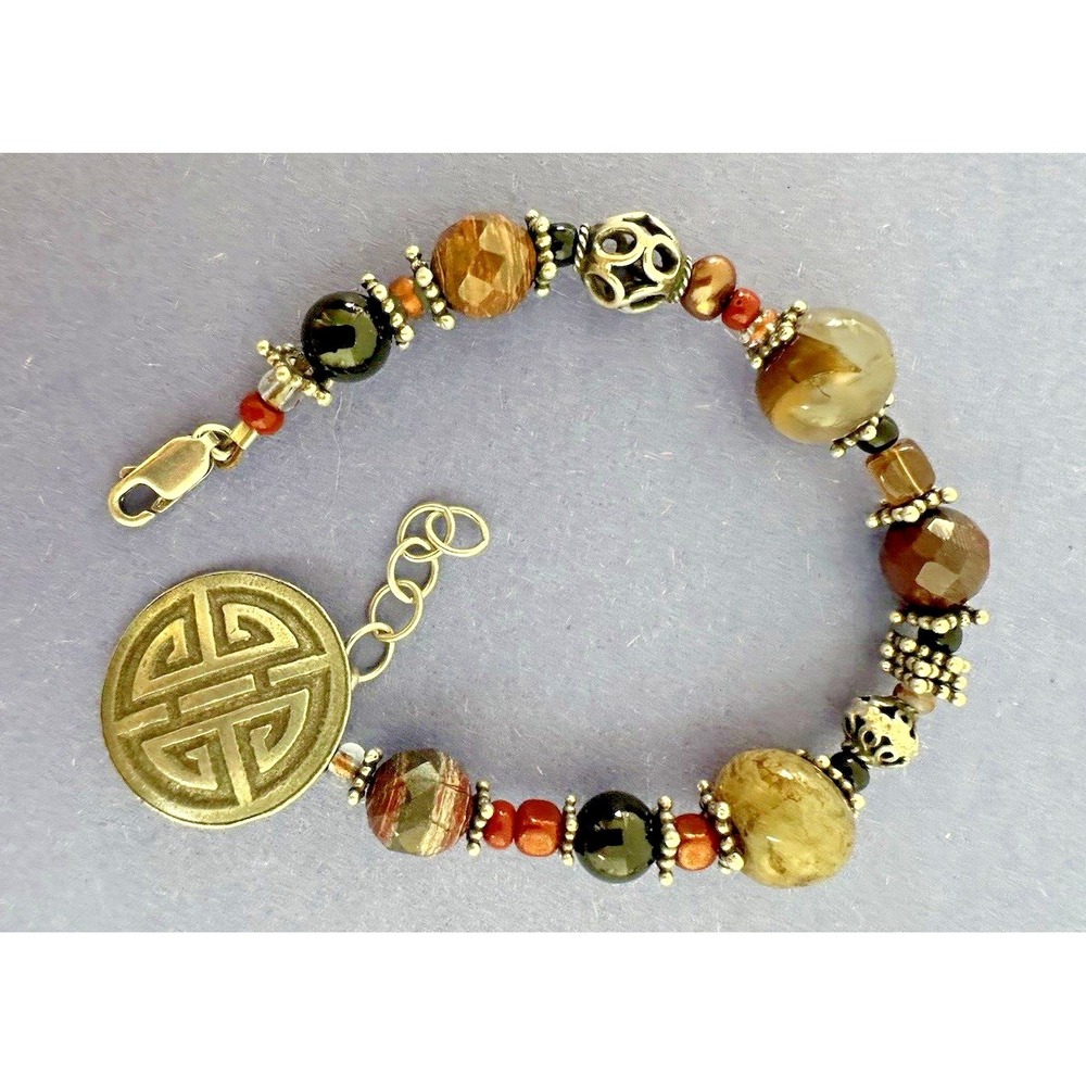 Danforth  Jasper Pewter Sterling Silver Bracelet Quartz Gemstones Beaded 8-9 in